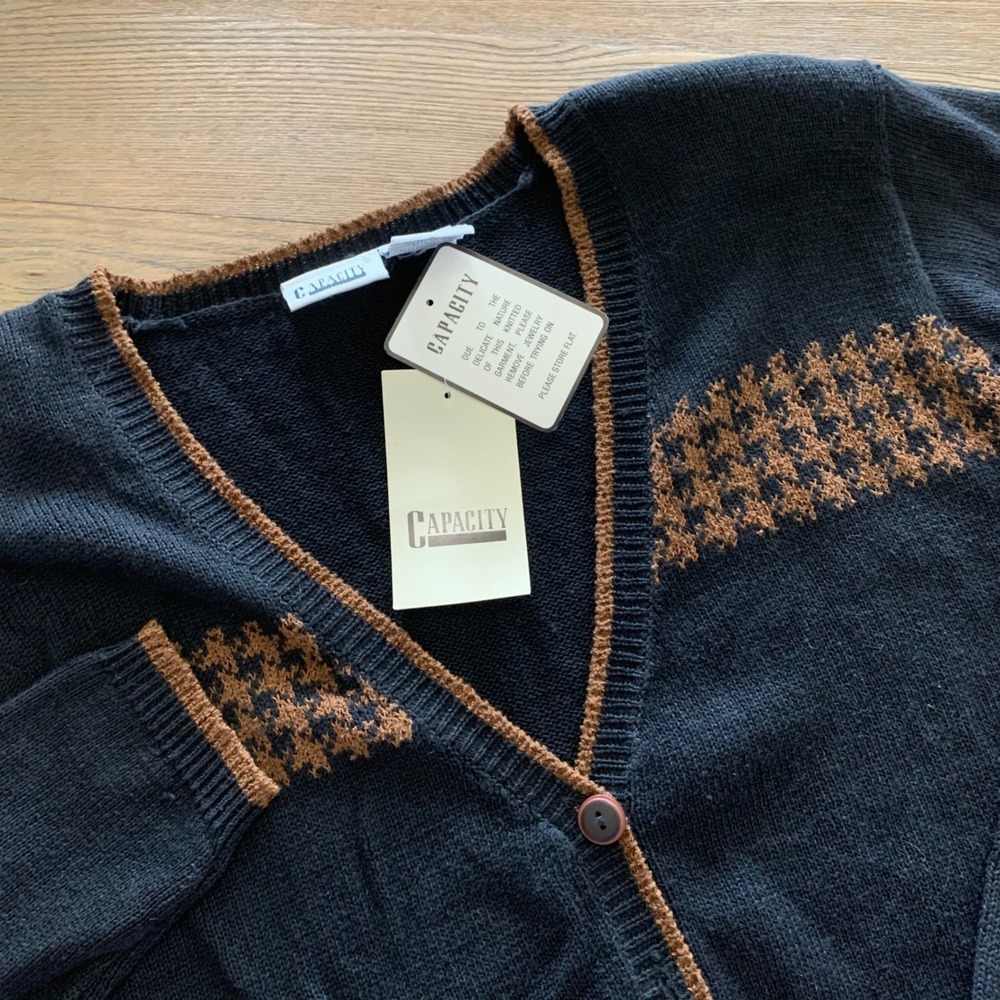 Capacity Vintage Black Brown Houndstooth Ramie Cotton Button Cardigan Medium NWT